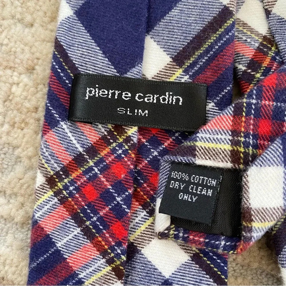 Pierre Cardin Slim Red Blue White Tartan Plaid 100% Cotton Neck Tie - Picture 4 of 4